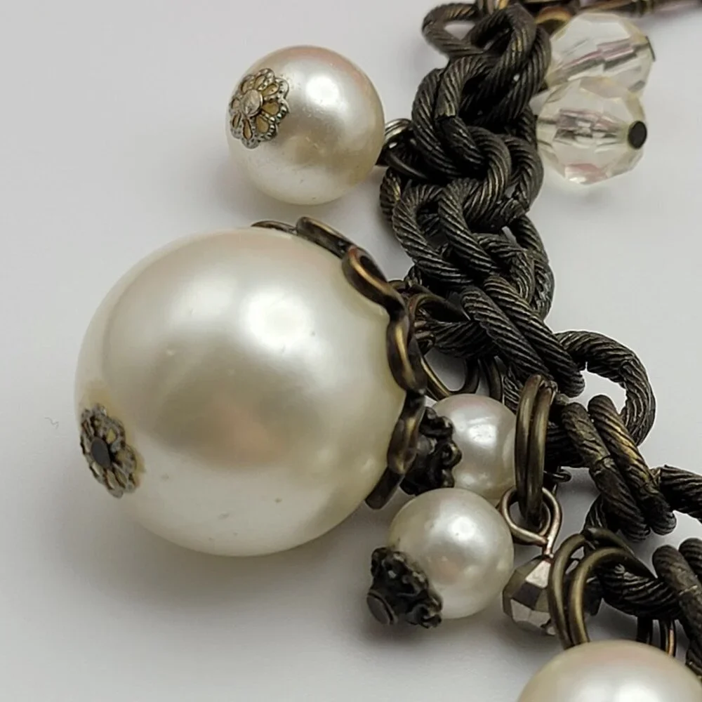 Plunder Statement Pearl Necklace And Charm Bracelet Set White Bronze Tone